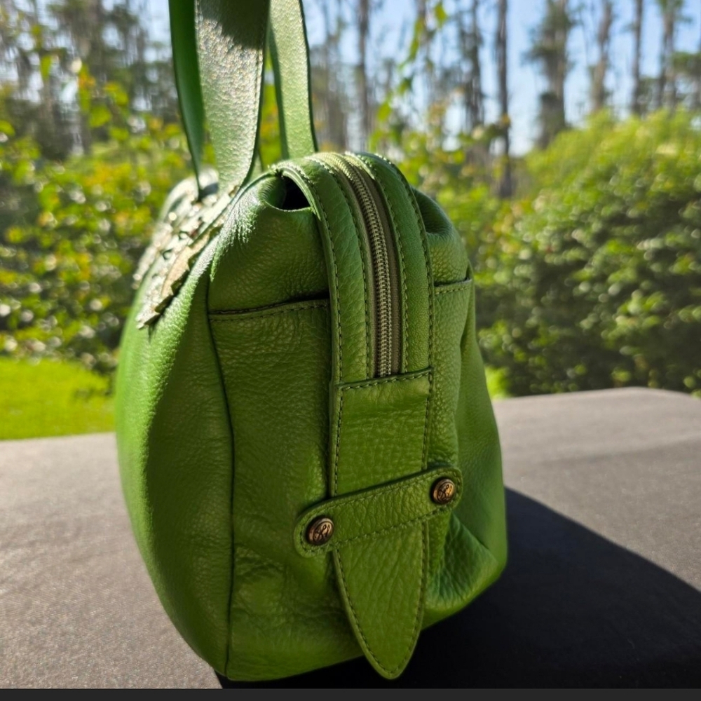 Green Leather Boho Shoulder Bag Kate Landry Studded Tassel Artisan Purse - Picture 3 of 8